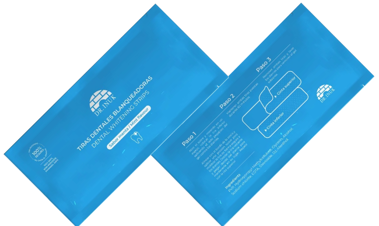 Sobre producto DR INUK tiras blanqueadoras whitening strips tratamiento blanqueador efectivo seguro sin peroxido tratamiento eficaz rapido comodo